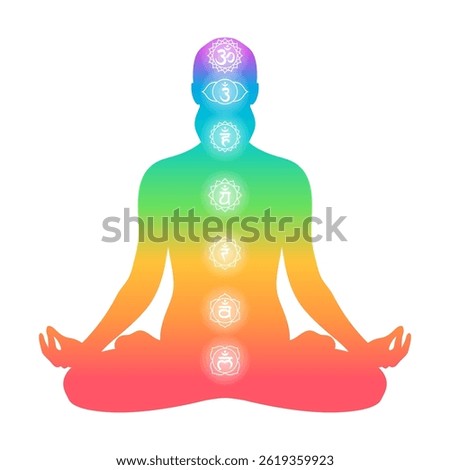 Human chakra system seven energy centers with unique colors and symbols align with physical emotional and spiritual well-being for wellness practitioners holistic healing materials and education
