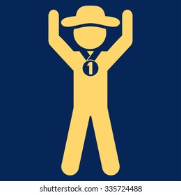 Human Champion vector icon. Style is flat symbol, yellow color, rounded angles, blue background.