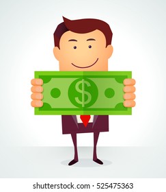 Human character carrying big dollar gift. Business man keeps money. Success financial rich concept. Business concept cartoon vector illustration. Flat style isolated on white background