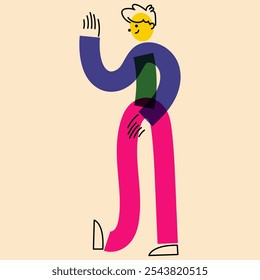 Human character in geometric flat style. An active guy, a man on the move. The effect of risograph printing. For social networks, posters, banners, fabric design.