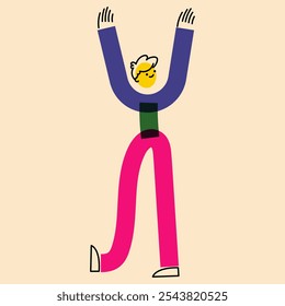 Human character in geometric flat style. An active guy, a man on the move. The effect of risograph printing. For social networks, posters, banners, fabric design.
