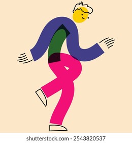 Human character in geometric flat style. An active guy, a man on the move. The effect of risograph printing. For social networks, posters, banners, fabric design.