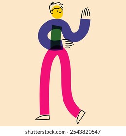 Human character in geometric flat style. An active guy, a man on the move. The effect of risograph printing. For social networks, posters, banners, fabric design.
