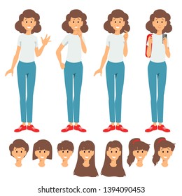 Human, character, girl, brunette, with different emotions. flat design style minimal vector illustration