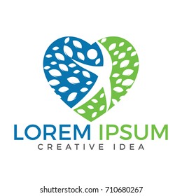Human character with green leafs logo. Wellness and Nature logo. Heart shaped icon.