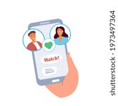 Human Character hand holding mobile phone with dating app interface.Couple match in online application on smartphone.Virtual pair building.Colored flat vector illustration isolated on white background