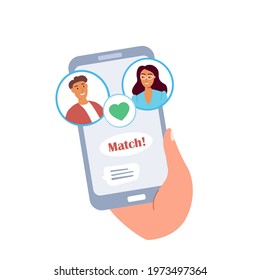 Human Character hand holding mobile phone with dating app interface.Couple match in online application on smartphone.Virtual pair building.Colored flat vector illustration isolated on white background