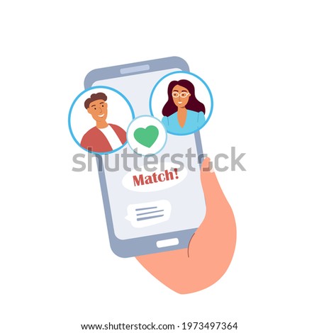 Human Character hand holding mobile phone with dating app interface.Couple match in online application on smartphone.Virtual pair building.Colored flat vector illustration isolated on white background