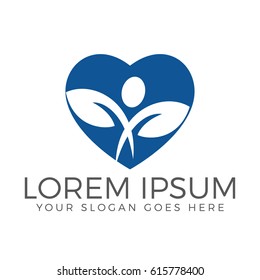 Human character with leafs in heart shape. Health and Wellness logo. 