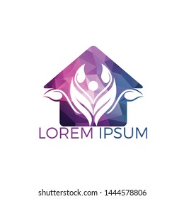 Human character with leaves and house logo design. Natural home care logo. Spa logo. Beauty salon or yoga logo.	
