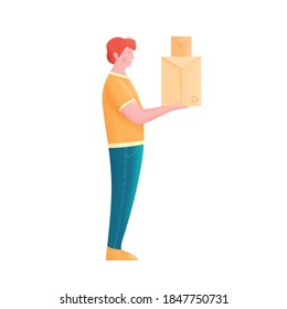 Human character of man holding carton boxes with recycle sign vector illustration