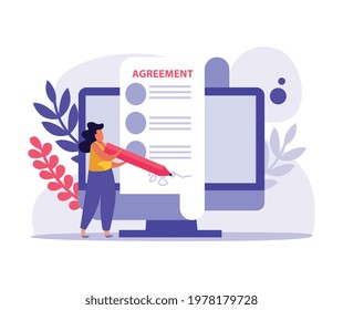 Human character signing agreement flat icon vector illustration