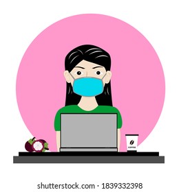 Icono de ilustración del vector de caracteres humanos en el trabajo. Las chicas usan máscaras médicas, laptops, mangostinos y café. Estilo de caricatura plano adecuado para páginas de aterrizaje web, carteles, etiquetas