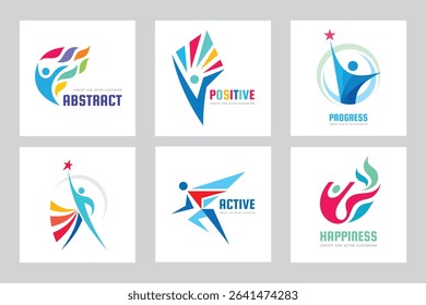 Human characters concept logo set vector illustration. Abstract people sign collection. Positive success optimism icons. Graphic design element.	