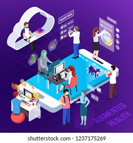 Human characters during interaction with augmented reality elements isometric composition on purple background vector illustration