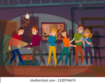 Human characters during mission of quest reality in dark space cartoon vector illustration