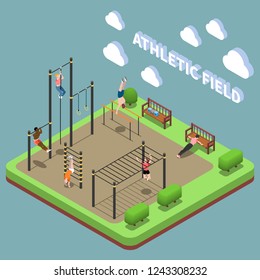 Human characters during training on athletic field with sports facilities isometric composition on turquoise background vector illustration