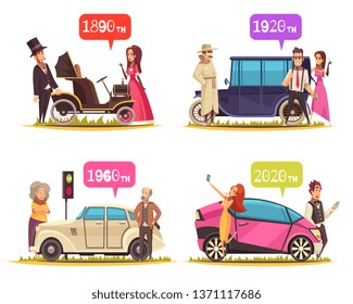 Human characters and ground transportation from ancient time till today cartoon design concept isolated vector illustration