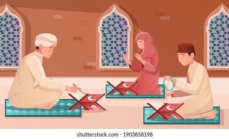 Human characters learning koran on their knees flat vector illustration