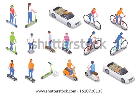 Human characters riding and driving personal transport colored isometric icons set isolated on white background 3d vector illustration