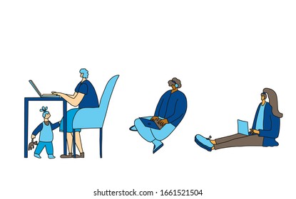 Personajes humanos sentados en el portátil y trabajando. Jóvenes independientes haciendo su trabajo. Madre trabajadora, niño, hombre y linda aislada de fondo blanco. Concepto de nómadas digitales. Ilustración vectorial.