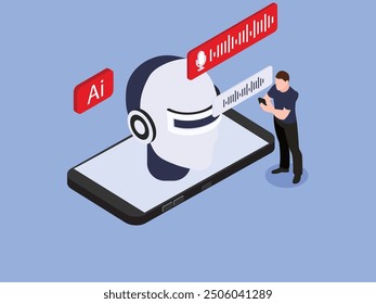 human characters and smartphones with robot personal assistants and speech bubbles 3d isometric vector illustration