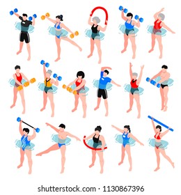 Human characters with sport equipment during aqua aerobics class set of isometric icons isolated vector illustration