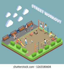 Human characters and street workout area with play ground isometric composition on turquoise background vector illustration