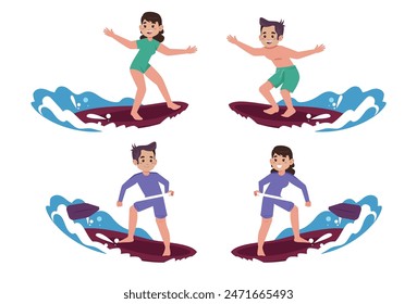 Human characters of surfers with their boards