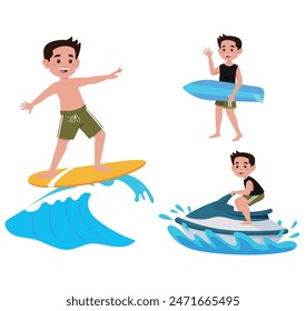 Human characters of surfers with their boards