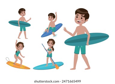 Human characters of surfers with their boards