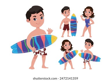 Human characters of surfers with their boards