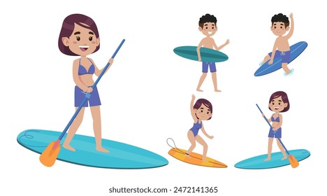 Human characters of surfers with their boards