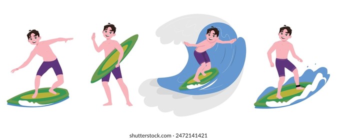 Human characters of surfers with their boards