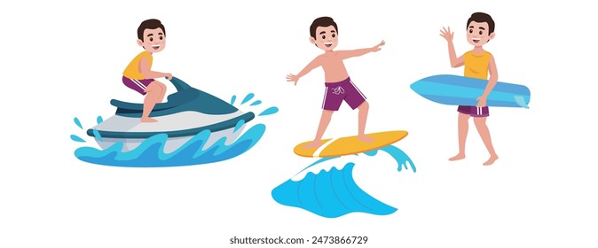 Human characters of surfers with their boards