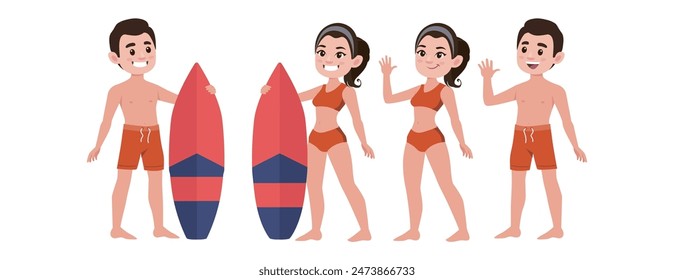 Human characters of surfers with their boards