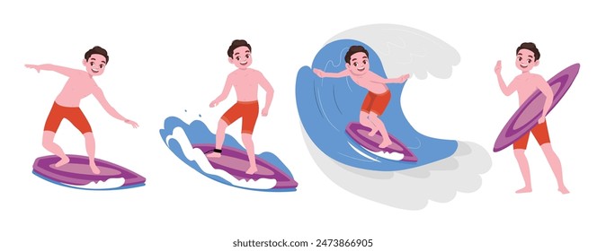 Human characters of surfers with their boards