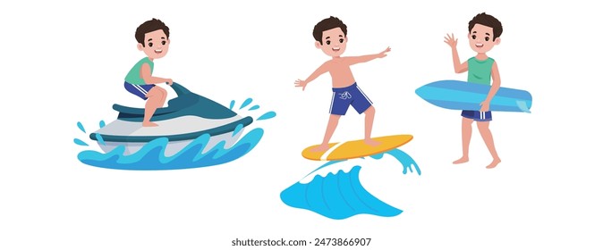 Personajes humanos de los surfistas con sus tablas