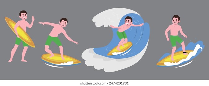 Human characters of surfers with their boards