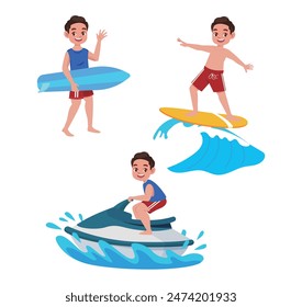 Human characters of surfers with their boards