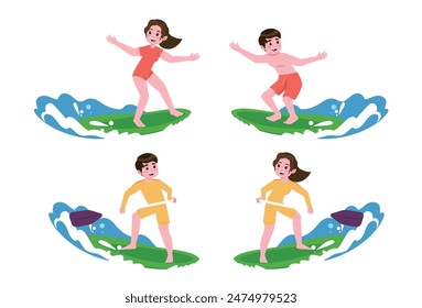 Personajes humanos de los surfistas con sus tablas