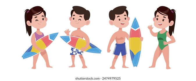 Human characters of surfers with their boards