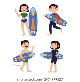 Human characters of surfers with their boards