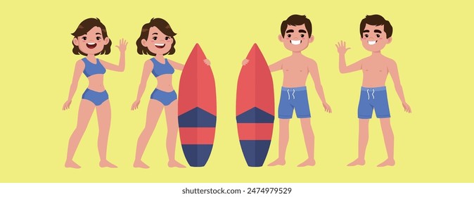 Human characters of surfers with their boards