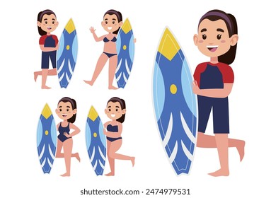 Human characters of surfers with their boards