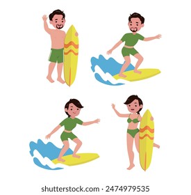 Human characters of surfers with their boards