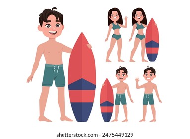 Human characters of surfers with their boards