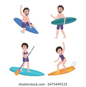 Human characters of surfers with their boards