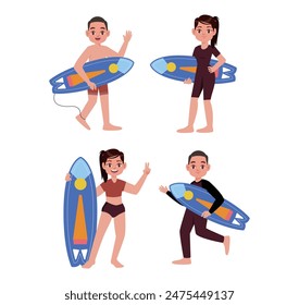 Human characters of surfers with their boards