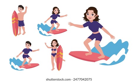 Human characters of surfers with their boards
